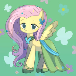 Size: 1000x1000 | Tagged: safe, artist:770nanao15, fluttershy, butterfly, pegasus, pony, clothes, cute, dress, female, gala dress, looking at you, mare, shyabetes, smiling, solo, spread wings, standing, three quarter view, wings