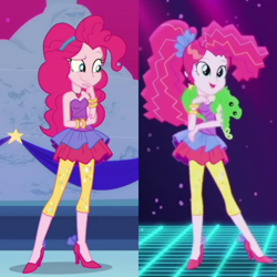 Size: 1024x1024 | Tagged: safe, screencap, gummy, pinkie pie, equestria girls, equestria girls series, friendship through the ages, rainbow rocks, twilight under the stars, spoiler:eqg series (season 2), bare shoulders, bracelet, clothes, comparison, cropped, dress, high heels, jewelry, leggings, necklace, outfit catalog, ponytail, shoes, skirt, sleeveless, solo, strapless