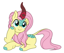 Size: 4374x3624 | Tagged: safe, artist:mirrorcrescent, fluttershy, kirin, atg 2019, cloven hooves, cute, female, head turn, hoof on cheek, kirin-ified, mare, newbie artist training grounds, prone, shyabetes, simple background, smiling, solo, species swap, transparent background