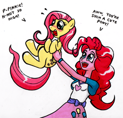 Size: 1600x1533 | Tagged: safe, artist:bantam, fluttershy, pinkie pie, human, pegasus, pony, equestria girls, blushing, dialogue, holding a pony, simple background, square crossover, traditional art