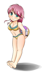 Size: 1200x1970 | Tagged: safe, artist:midnightpremiere, fluttershy, human, anime, barefoot, beach ball, belly button, bikini, clothes, feet, female, humanized, solo, swimsuit