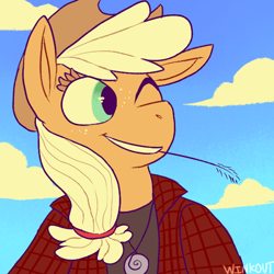 Size: 600x600 | Tagged: safe, artist:winkout, part of a set, applejack, earth pony, pony, semi-anthro, applejack's hat, clothes, cowboy hat, female, floppy ears, hat, jewelry, mare, necklace, one eye closed, plaid shirt, shirt, sidemouth, smiling, solo, straw in mouth