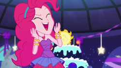 Size: 1920x1080 | Tagged: safe, screencap, pinkie pie, better together, equestria girls, twilight under the stars, atomic chocolate cake, bare shoulders, cake, chocolate, chocolate cake, food, happy, heart necklace, sleeveless, solo, strapless