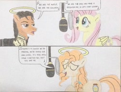 Size: 2932x2244 | Tagged: safe, artist:don2602, fluttershy, pear butter, earth pony, pegasus, pony, comic:g4 we are the world, clothes, end of ponies, eyes closed, halo, hoof on chest, jacket, michael jackson, microphone, ponified, recording, song reference, traditional art, we are the world