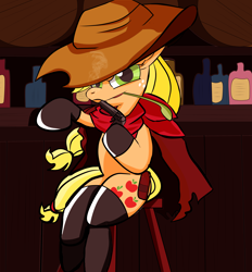 Size: 3900x4200 | Tagged: safe, artist:j5ajj, applejack, earth pony, pony, bar, clothes, female, handgun, hay stalk, hoof boots, mare, scarf, solo, straw in mouth