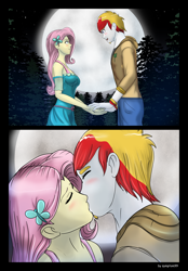 Size: 5197x7465 | Tagged: safe, artist:symptom99, fluttershy, oc, oc:lucky charm, equestria girls, blushing, canon x oc, cute, female, first kiss, flucky, male, moon, night, romantic, shipping, straight