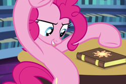 Size: 1602x1073 | Tagged: safe, screencap, pinkie pie, pony, equestria girls, rainbow rocks, book, cropped, hooves in air, journal, smiling, solo