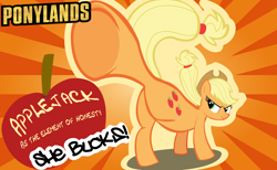 Size: 3000x1847 | Tagged: safe, alternate version, artist:mrkat7214, applejack, earth pony, pony, borderlands, poster, solo, sunburst background