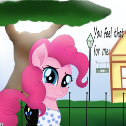 Size: 2499x2500 | Tagged: safe, artist:theretroart88, pinkie pie, earth pony, pony, clothes, female, looking at you, mare, movie accurate, park, smiling, solo, tree