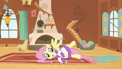 Size: 1280x720 | Tagged: safe, screencap, fluttershy, pegasus, pony, hurricane fluttershy, bathrobe, clothes, fluttershy's cottage, robe, solo