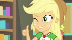 Size: 1920x1080 | Tagged: safe, screencap, applejack, better together, equestria girls, rollercoaster of friendship, one eye closed, solo, thumbs up, wink