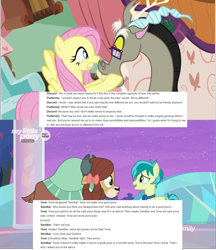 Size: 1289x1494 | Tagged: safe, edit, edited screencap, screencap, discord, fluttershy, sandbar, yona, draconequus, earth pony, pegasus, pony, yak, discordant harmony, she's all yak, comparison, dialogue, female, male, mare, script, shipping fuel, stallion, text, wikia