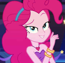 Size: 1106x1080 | Tagged: safe, screencap, pinkie pie, better together, equestria girls, twilight under the stars, bare shoulders, breaking the fourth wall, cake fixes everything, cropped, fourth wall, grin, lidded eyes, sleeveless, smiling, smirk, strapless