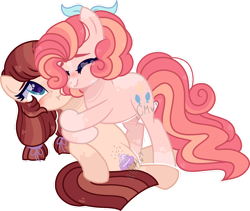 Size: 1280x1081 | Tagged: safe, artist:moon-rose-rosie, pinkie pie, oc, oc:chocolate sprinkles, earth pony, pony, alternate design, female, hug, mare, mother and child, mother and daughter, offspring, parent and child, parent:cheese sandwich, parent:pinkie pie, parents:cheesepie, simple background, transparent background