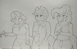 Size: 1280x816 | Tagged: safe, artist:ljdamz1119, applejack, pinkie pie, rarity, anthro, earth pony, unicorn, breasts, clothes, drink, female, floppy ears, freckles, glass, holding, jewelry, juice, juice box, looking up, mare, necklace, open mouth, shocked, shorts, smiling, spill, tanktop, unamused