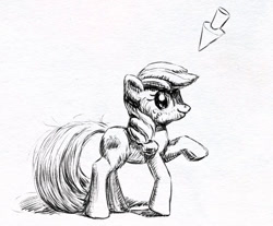 Size: 826x685 | Tagged: safe, artist:el-yeguero, applejack, earth pony, pony, female, freckles, looking at you, mare, mcdonald's happy meal toys, pointer, raised hoof, simple background, sketch, smiling, solo, toy, white background