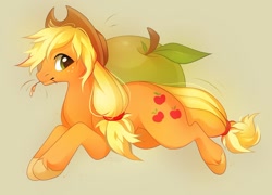 Size: 1024x737 | Tagged: safe, artist:riawolf15, applejack, earth pony, pony, apple, food, heart eyes, prone, simple background, smiling, solo, wingding eyes