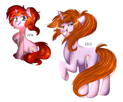 Size: 1024x850 | Tagged: safe, artist:slasharu, oc, oc only, oc:artistry star, pony, unicorn, art evolution, female, mare, raised hoof, redraw, simple background, solo, white background