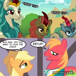 Size: 960x960 | Tagged: safe, edit, edited screencap, screencap, applejack, big macintosh, maple brown, rain shine, sparkling brook, earth pony, kirin, pony, filli vanilli, sounds of silence, background kirin, eeyup, female, head tilt, male, mare, speech bubble, stallion