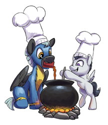 Size: 854x982 | Tagged: safe, artist:tsitra360, rumble, thunderlane, pegasus, pony, marks and recreation, brothers, cauldron, chef's hat, clothes, colt, cooking, duo, fire, hat, hug, looking at you, looking down, male, mouth hold, pouring, simple background, smiling, stallion, stirring, uniform, white background, wonderbolts uniform