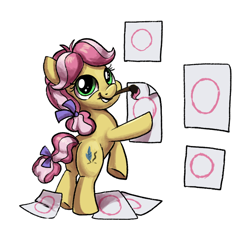 Size: 874x821 | Tagged: safe, artist:tsitra360, kettle corn, earth pony, pony, marks and recreation, bipedal, circle, circle painting, female, filly, foal, looking back, mouth hold, paintbrush, plot, simple background, smiling, solo, that pony sure does love circles, white background