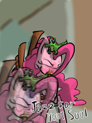 Size: 1475x1987 | Tagged: safe, artist:halfaman, gummy, pinkie pie, earth pony, pony, yakity-sax, caption, image macro, jazz, jazz for your soul, meme, simple background, text, yovidaphone