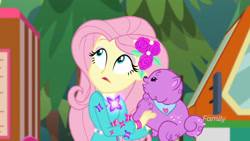 Size: 2048x1152 | Tagged: safe, screencap, fluttershy, princess thunder guts, dog, better together, choose your own ending, equestria girls, lost and pound, lost and pound: fluttershy, female, geode of fauna, magical geodes