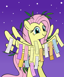 Size: 2000x2400 | Tagged: safe, artist:sazanamibd, fluttershy, pegasus, pony, bamboo, bipedal, costume, female, fluttertree, hooves out, looking at you, mare, night, smiling, solo, spread wings, tanabata, three quarter view, tree costume, wings