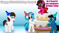 Size: 3840x2160 | Tagged: safe, artist:agkandphotomaker2000, dj pon-3, vinyl scratch, oc, oc:brain teaser, oc:pony video maker, oc:rose bloom, earth pony, pegasus, pony, unicorn, birthday, birthday cake, birthday card, birthday hats, brainbloom, cake, canon x oc, food, mare inside a cake, oc x oc, shipping, surprise cake, videoscratch