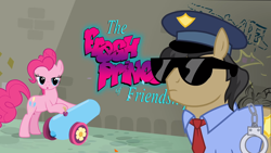 Size: 1920x1080 | Tagged: safe, pinkie pie, pony, fresh princess of friendship, lidded eyes, party cannon, police, police officer, this will end in jail time, vandalism