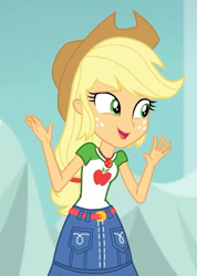 Size: 493x693 | Tagged: safe, screencap, applejack, better together, equestria girls, rollercoaster of friendship, applejack's hat, belt, clothes, cowboy hat, cropped, denim skirt, female, freckles, geode of super strength, hands in the air, hat, skirt, stetson