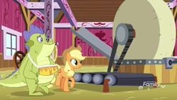 Size: 1920x1080 | Tagged: safe, screencap, applejack, sludge (g4), dragon, earth pony, pony, father knows beast, arm sling, cider mill, treadmill