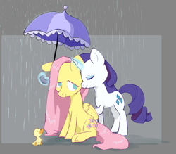 Size: 1500x1313 | Tagged: safe, artist:friendlyraccoon, fluttershy, rarity, pegasus, pony, unicorn, duckling, female, flarity, folded wings, lesbian, magic, mare, no pupils, rain, shipping, sitting, smiling, umbrella, wings