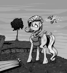 Size: 872x939 | Tagged: safe, artist:koviry, fluttershy, breezie, pegasus, pony, black and white, column, duo, female, folded wings, grayscale, looking at someone, looking back, mare, monochrome, outdoors, saddle bag, standing, stray strand, wings