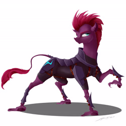 Size: 2700x2700 | Tagged: safe, artist:skitsroom, tempest shadow, classical unicorn, unicorn, my little pony: the movie, armor, broken horn, cloven hooves, female, leonine tail, signature, simple background, solo, unshorn fetlocks, white background