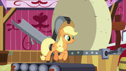 Size: 1280x720 | Tagged: safe, screencap, applejack, earth pony, pony, father knows beast, female, mare, solo, treadmill