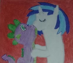 Size: 1157x1000 | Tagged: safe, dj pon-3, spike, vinyl scratch, dragon, pony, unicorn, female, kissing, male, mare, shipping, straight, traditional art, vinylspike