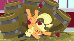 Size: 1280x720 | Tagged: safe, screencap, applejack, earth pony, pony, father knows beast, apple, barrel, crash, eyes closed, female, food, mare, solo