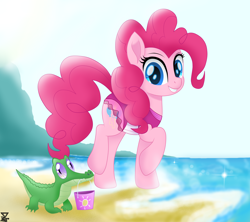 Size: 6200x5500 | Tagged: safe, artist:theretroart88, gummy, pinkie pie, pony, beach, bucket, clothes, cute, equestria girls outfit, equestria girls ponified, movie accurate, one-piece swimsuit, ponified, swimsuit, water