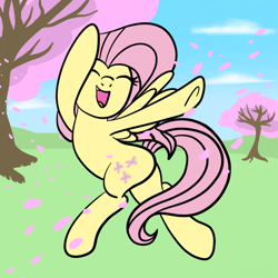 Size: 2100x2100 | Tagged: safe, artist:lannielona, blossom, fluttershy, pegasus, pony, bipedal, cloud, cute, dancing, eyes closed, female, grass, happy, hill, leaping, mare, shyabetes, sky, smiling, solo, tree, underhoof