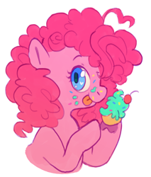 Size: 800x940 | Tagged: safe, artist:blynxee, pinkie pie, earth pony, pony, bust, cupcake, cute, diapinkes, eating, food, heart, heart eyes, heart hoof, looking at you, messy eating, profile, simple background, solo, tongue out, white background, wingding eyes