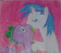 Size: 1095x955 | Tagged: safe, dj pon-3, spike, vinyl scratch, dragon, pony, female, kissing, male, shipping, spikelove, straight, vinylspike