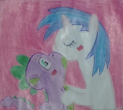 Size: 1266x1128 | Tagged: safe, dj pon-3, spike, vinyl scratch, dragon, pony, female, kissing, love, male, shipping, straight, traditional art, vinylspike