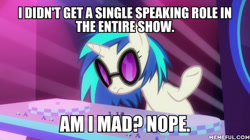 Size: 600x337 | Tagged: safe, edit, edited screencap, screencap, dj pon-3, vinyl scratch, pony, unicorn, the saddle row review, caption, image macro, solo, text