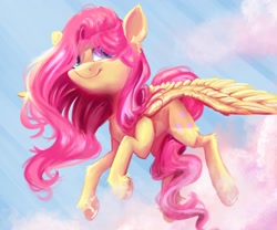 Size: 3000x2500 | Tagged: safe, artist:thewickedvix, fluttershy, pegasus, pony, cloud, colored hooves, crepuscular rays, female, flying, looking at you, mare, sky, smiling, solo, spread wings, three quarter view, unshorn fetlocks, wings