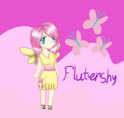 Size: 800x766 | Tagged: safe, artist:vikuskaal, fluttershy, human, abstract background, chibi, female, humanized, solo, winged humanization, wings