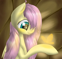 Size: 1600x1532 | Tagged: safe, artist:vikuskaal, fluttershy, butterfly, pegasus, pony, bust, cute, female, folded wings, hoof hold, looking at something, looking down, mare, shyabetes, smiling, solo, wings