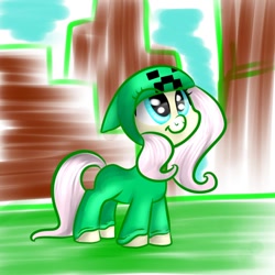 Size: 800x800 | Tagged: safe, artist:vikuskaal, fluttershy, pegasus, pony, clothes, costume, creeper, creepershy, hoodie, kigurumi, minecraft, smiling, solo, standing, three quarter view