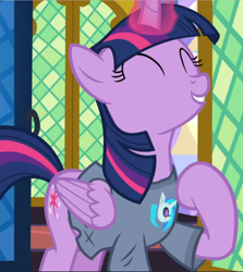 Size: 838x940 | Tagged: safe, screencap, dj pon-3, twilight sparkle, twilight sparkle (alicorn), vinyl scratch, alicorn, pony, a trivial pursuit, clothes, cropped, cute, eyes closed, glowing horn, horn, shirt, smiling, solo, t-shirt, twiabetes