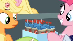 Size: 1920x1080 | Tagged: safe, screencap, applejack, fluttershy, moonlight raven, pinkie pie, earth pony, pegasus, pony, unicorn, season 8, the washouts (episode), spoiler:s08, "scootaloo's super-difficult stunt" special cupcakes, bake it like buddy, cupcake, cute, diapinkes, discovery family logo, female, food, frosting, grin, hoof hold, scooter, smiling